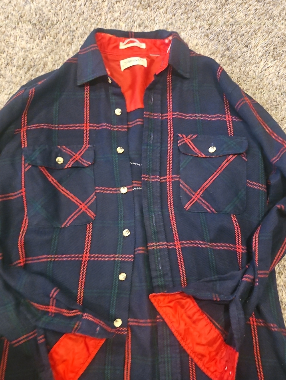 Navy Plaid Button-Up Shirt Jacket with Red Accents
